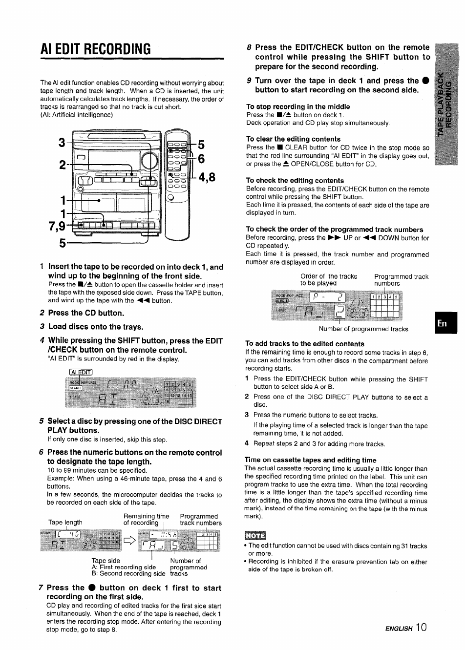 Al edit recording, To stop recording in the middle, To clear the editing contents | To check the editing contents, To check the order of the programmed track numbers, To add tracks to the edited contents, Time on cassette tapes and editing time, Hi ■l, O <cc ¿8 | Aiwa NSX-V2100 User Manual | Page 11 / 52