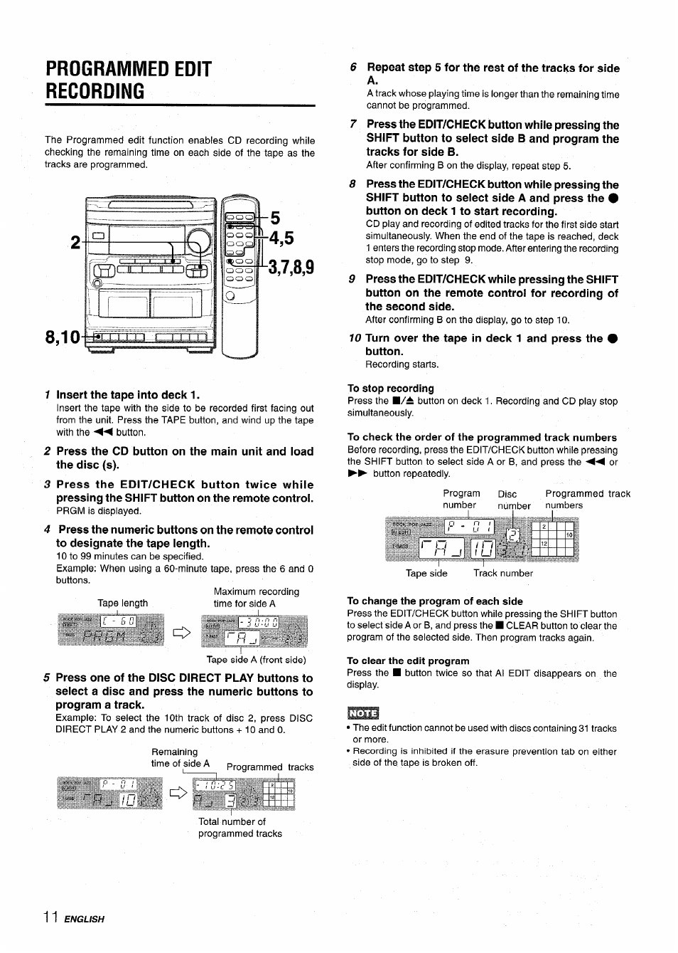 Programmed edit recording, To stop recording, To check the order of the programmed track numbers | To change the program of each side, 0 x'h, Ij 'i:i | Aiwa NSX-V2100 User Manual | Page 12 / 52