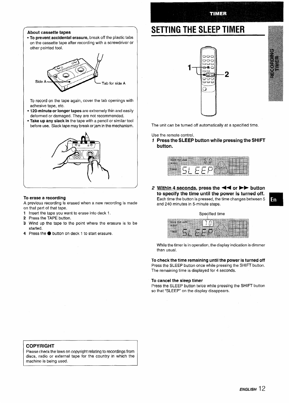 About cassette tapes, To erase a recording, Sehing the sleep timer | To cancel the sleep timer, Copyright, Setting the sleep timer, 1 n > u - ■ s | Aiwa NSX-V2100 User Manual | Page 13 / 52