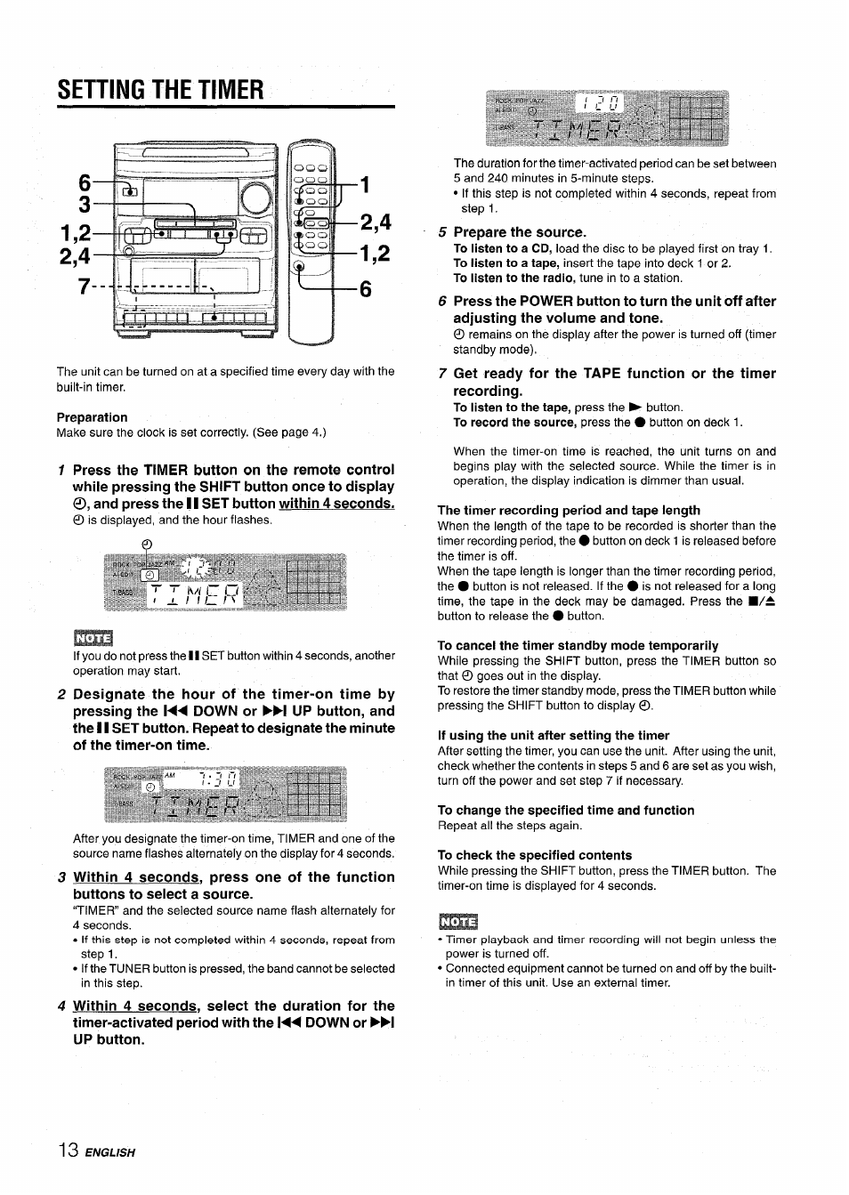 Setting the timer, Preparation, The timer recording period and tape length | To cancel the timer standby mode temporarily, If using the unit after setting the timer, To change the specified time and function, To check the specified contents, Iv/( i i i, F t r h | Aiwa NSX-V2100 User Manual | Page 14 / 52