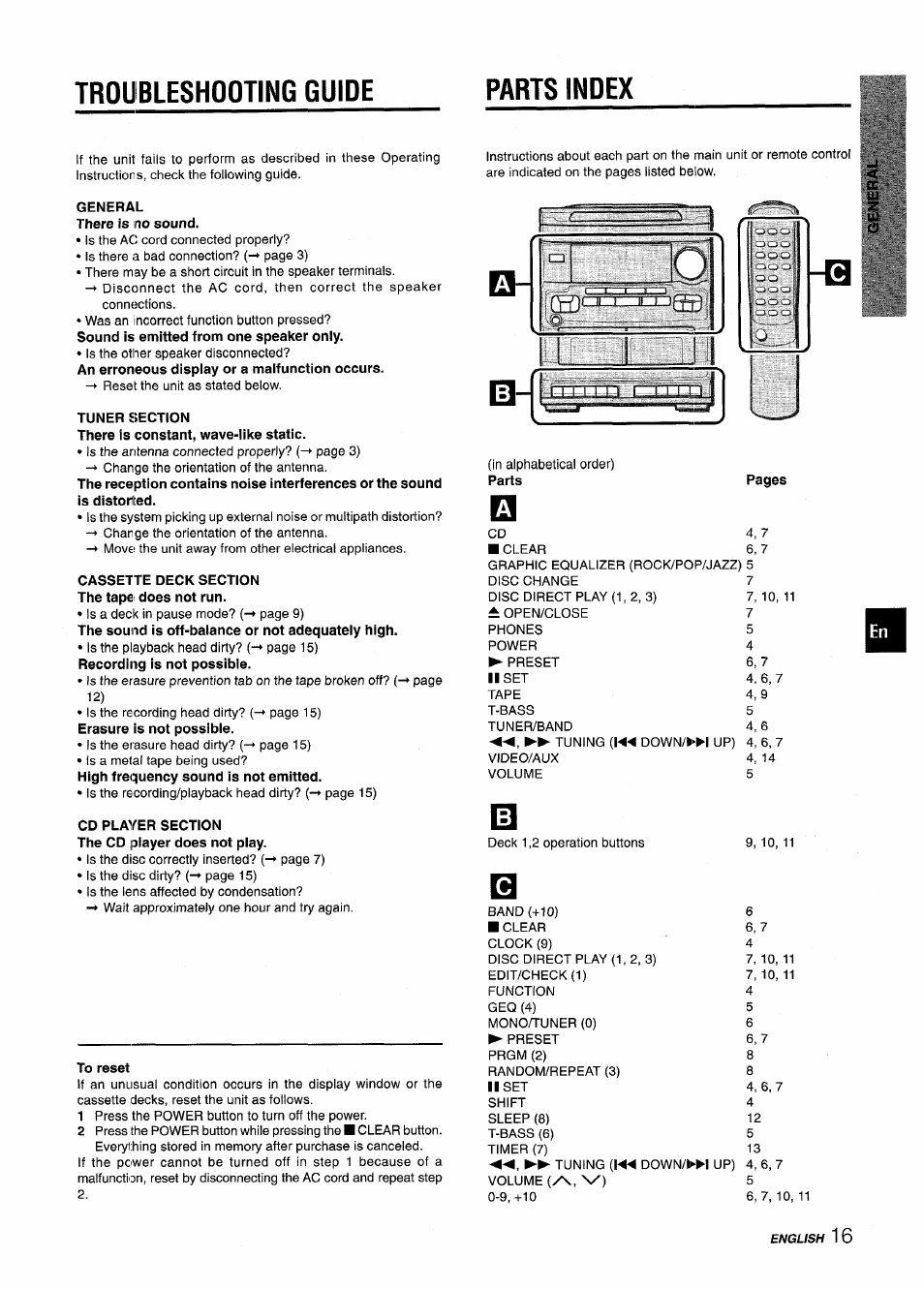 General there is no sound, Tuner î5ection, Cassette deck section the tapei does not run | Cd player section the cd player does not play, To reset, Troubleshooting guide parts index | Aiwa NSX-V2100 User Manual | Page 17 / 52