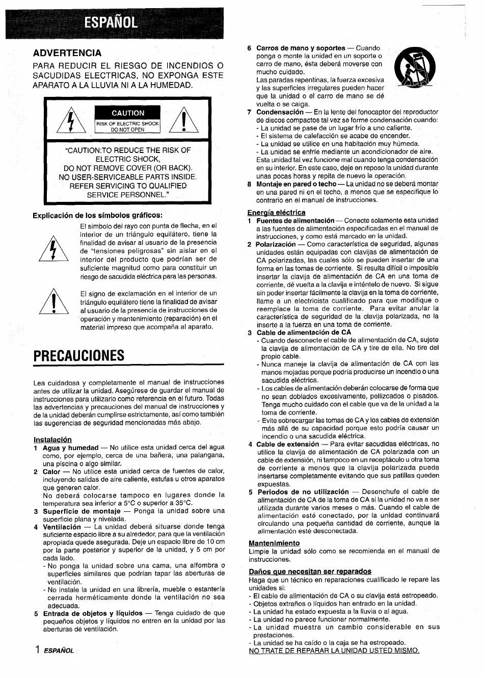 Español, Advertencia, Explicación de los símbolos gráficos | Precauciones, Energía eléctrica, Mantenimiento | Aiwa NSX-V2100 User Manual | Page 18 / 52