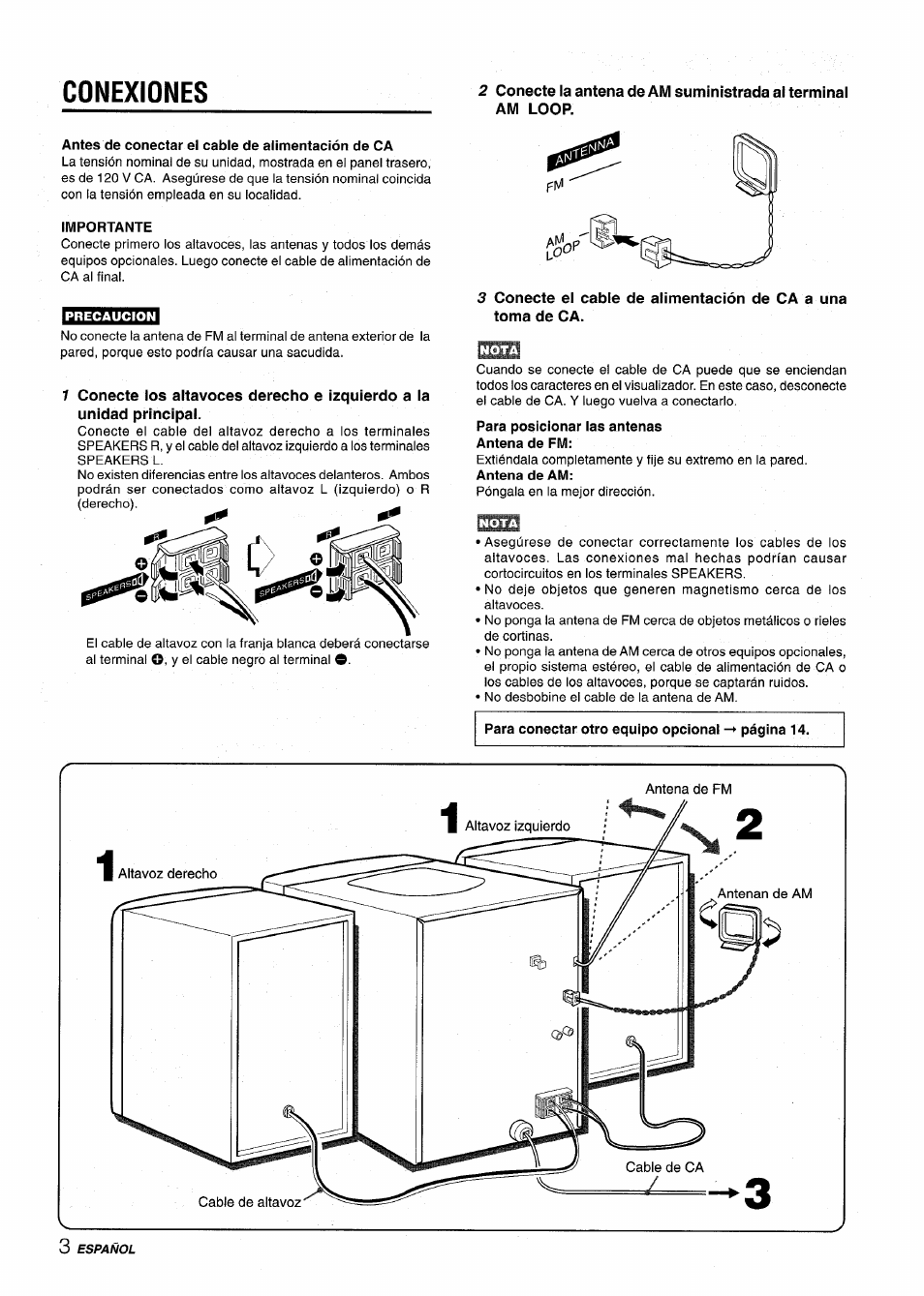 Antes de conectar el cable de alimentación de ca, Iwiportante, Para posicionar las antenas antena de fm | Conexiones | Aiwa NSX-V2100 User Manual | Page 20 / 52