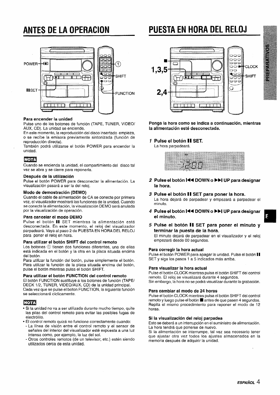 Antes de la operacion, Puesta en hora del reloj, Para encender la unidad | 1 pulse el botón ii set, Para cancelar el modo demo, 2 pulse el botón down o up para designar, La hora, 3 pulse el botón ii set para poner la hora, 4 pulse el botón down o up para designar, El minuto | Aiwa NSX-V2100 User Manual | Page 21 / 52