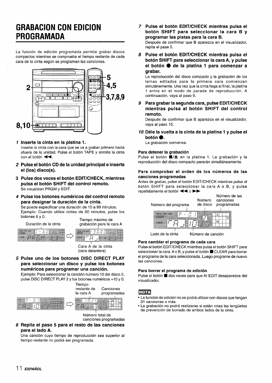 Grabacion con edicion programada, Para detener la grabación, Para cambiar el programa de cada cara | Para borrar el programa de edición, Iili/d | Aiwa NSX-V2100 User Manual | Page 28 / 52