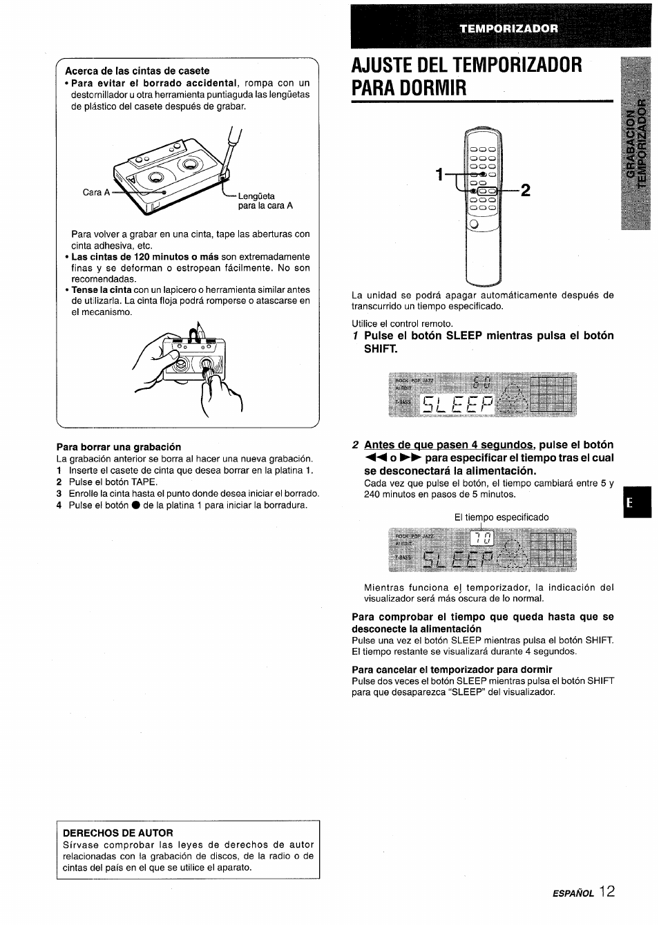 Ajuste del temporizador para dormir, Para borrar una grabación, Derechos de autor | Ajuste del temporizados para dormir, Iimi | Aiwa NSX-V2100 User Manual | Page 29 / 52