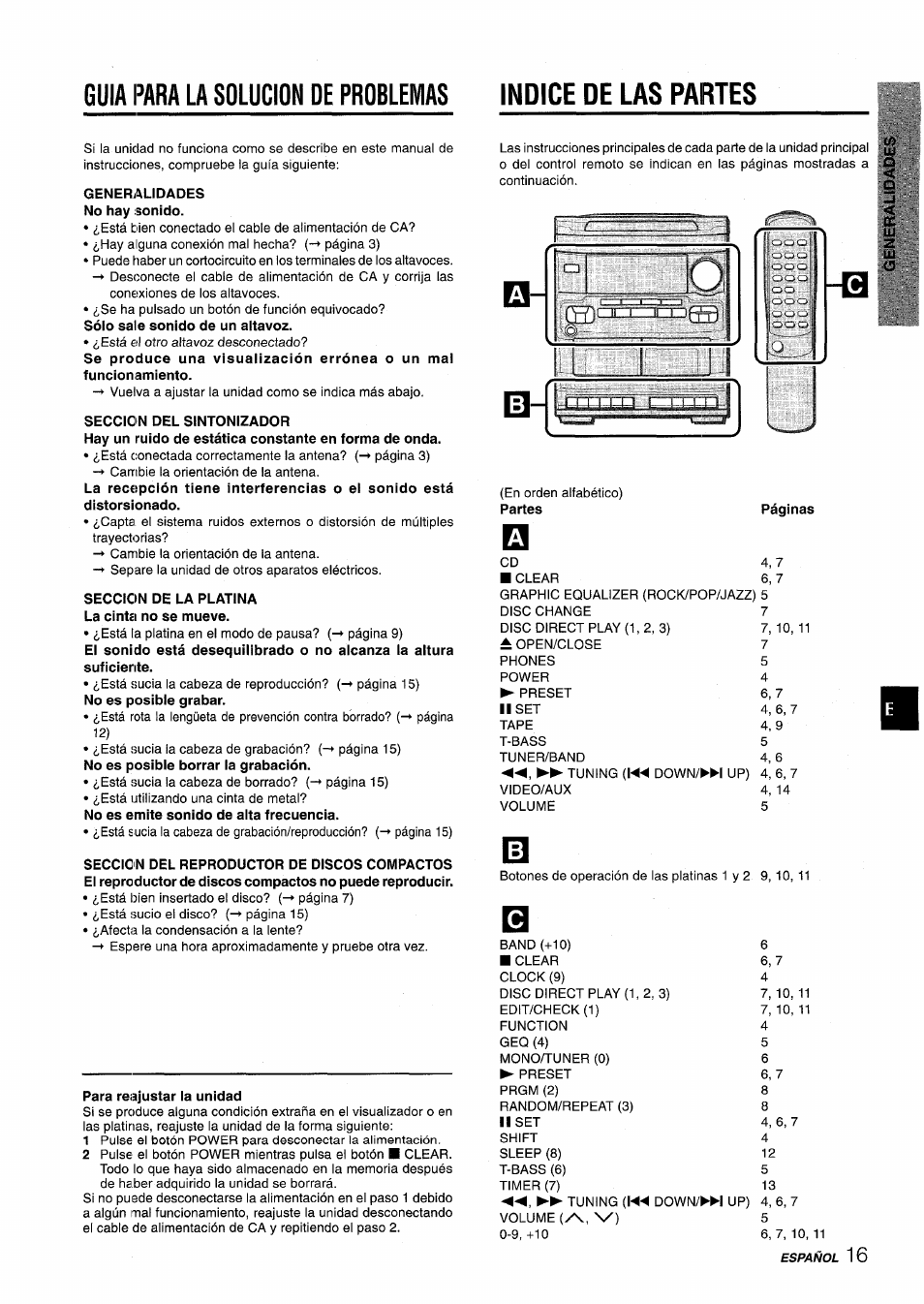 Generalidades no hay sonido, Seccio n del sintonizador, Seccion de la platina la cinta no se mueve | Para reajustar la unidad | Aiwa NSX-V2100 User Manual | Page 33 / 52