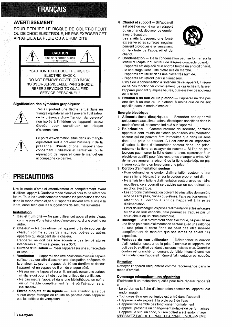Nqais, Avertissement, Caution | Cautionto reduce the risk of electric shock, Signification des symboles graphiques, Precautions, Installation, 3 cordon d’alimentation secteur, Entretien | Aiwa NSX-V2100 User Manual | Page 34 / 52