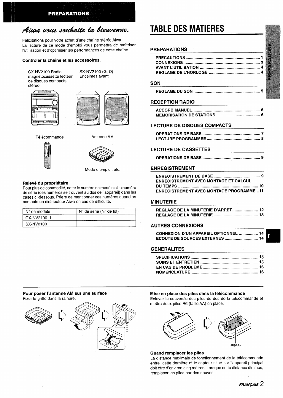 Table des matieres, Wm^ ыw(в(zctc, 6ie*w€hue | Aiwa NSX-V2100 User Manual | Page 35 / 52