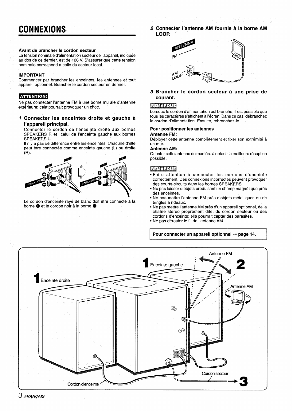 Avant de brancher le cordon secteur, Important, Pour positionner ies antennes antenne fm | Connexions | Aiwa NSX-V2100 User Manual | Page 36 / 52