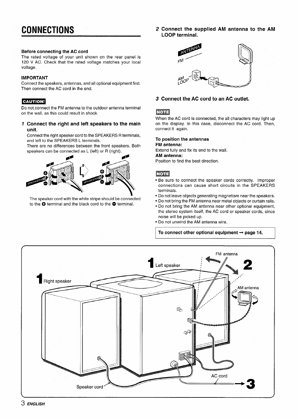 Connections, Before connecting the ac cord, Important | 3 connect the ac cord to an ac outiet, To position the antennas fm antenna, Connections s | Aiwa NSX-V2100 User Manual | Page 4 / 52