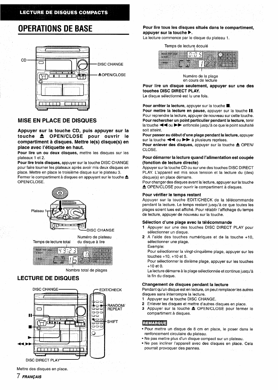 Operations de base, Mise en place de disques, Lecture de disques | Changement de disques pendant la lecture, Cil i5s | Aiwa NSX-V2100 User Manual | Page 40 / 52