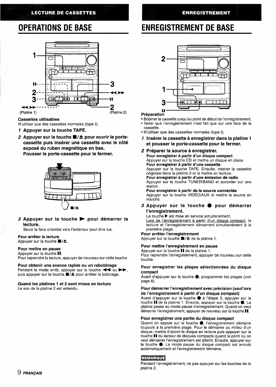 Enregistrement de base, Cassettes utilisables, Pour arrêter la lecture | Quand les platines 1 et 2 sont mises en lecture, Préparation, Operations de base enregistrement de base | Aiwa NSX-V2100 User Manual | Page 42 / 52