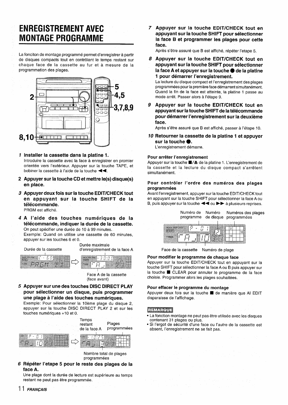 Enregistrement avec montage programme, Pour arrêter i’enregistrement, Pour effacer le programme du montage | Ikbgéémil | Aiwa NSX-V2100 User Manual | Page 44 / 52