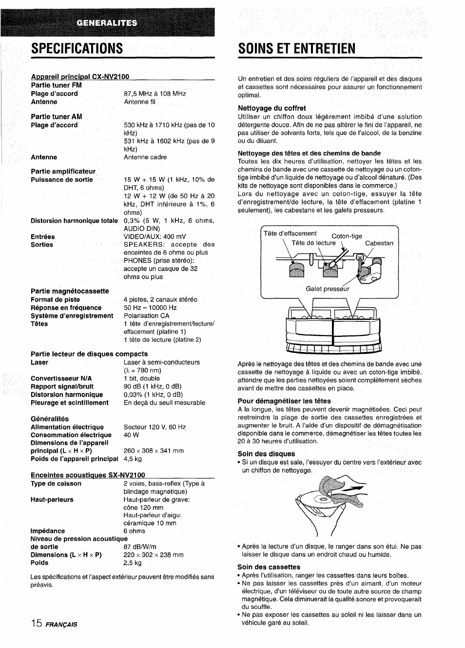 Soins et entretien, Soin des cassettes, I specifications | Aiwa NSX-V2100 User Manual | Page 48 / 52