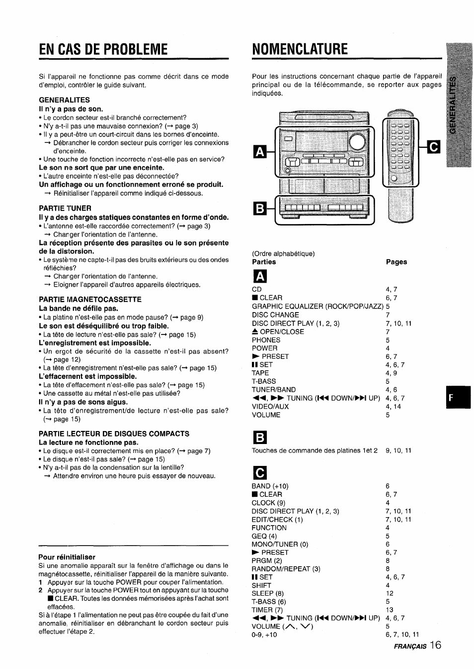 Generalites il n’y a pas de son, Partie tuner, Partie magnetocassette la bande ne défile pas | Pour réinitialiser, En cas de probleme nomenclature | Aiwa NSX-V2100 User Manual | Page 49 / 52