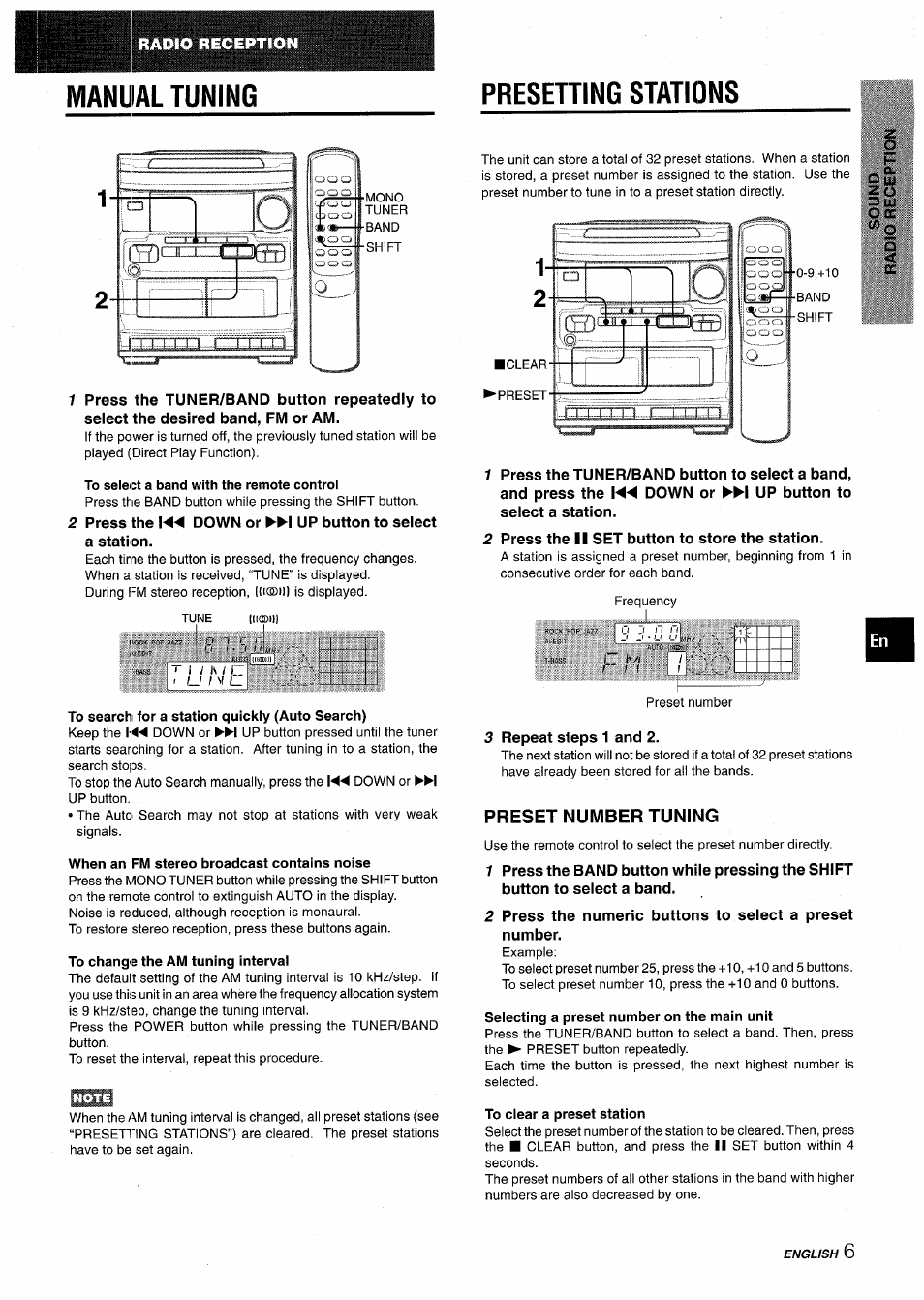 Presetting stations, To select a band with the remote control, To search for a station quickly (auto search) | When an fm stereo broadcast contains noise, To change the am tuning interval, Preset number tuning, To ciear a preset station, Lili, Manual tuning | Aiwa NSX-V2100 User Manual | Page 7 / 52