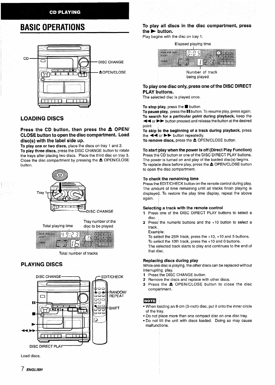 Basic operations, Loading discs, Playing discs | To check the remaining time, Selecting a track with the remote control, Replacifig discs during play, Cn 3 | Aiwa NSX-V2100 User Manual | Page 8 / 52