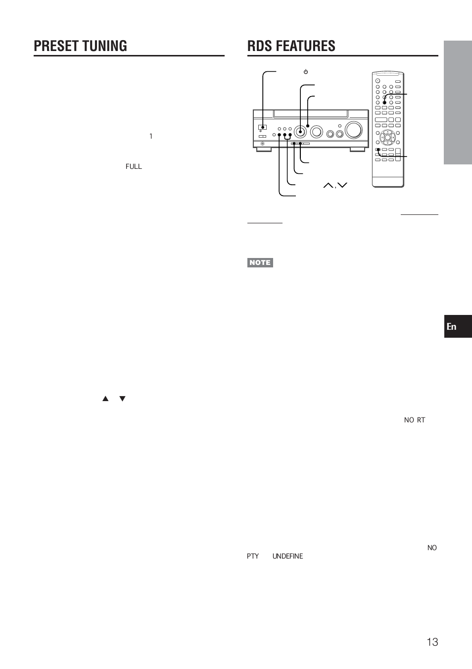 Preset tuning, Rds features, Manual presetting | Automatic presetting, Tuning in preset stations, Program service station name (ps), Radio text (rt), Program type (pty) | Aiwa AV-NW50 User Manual | Page 13 / 22