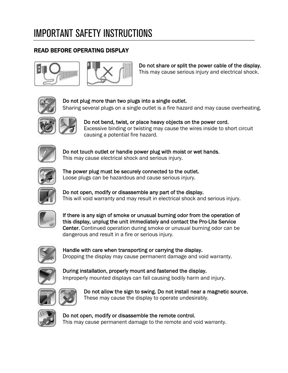 Important safety instructions | Pro-Lite BL3225RB User Manual | Page 2 / 28