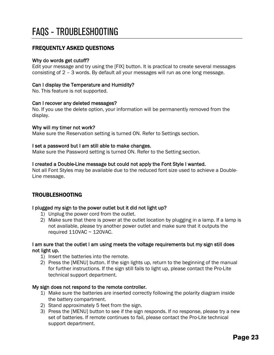 Faqs - troubleshooting, Page 23 | Pro-Lite BL3225RB User Manual | Page 27 / 28