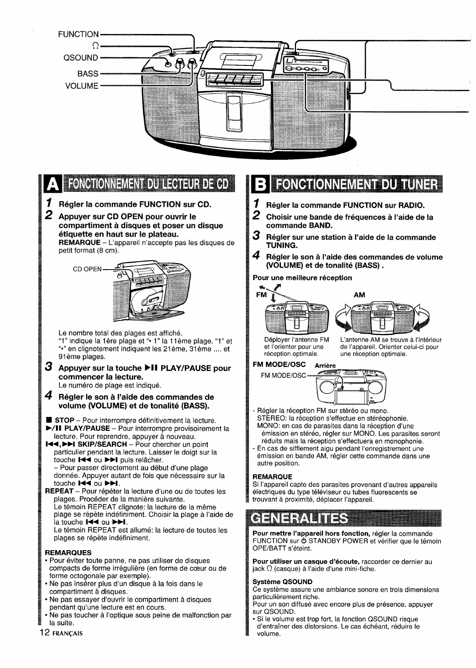 Fonctionnement du tuner, Generalites, Fonctionnement du lecteur de cd | Aiwa CSD-SL15 User Manual | Page 12 / 16