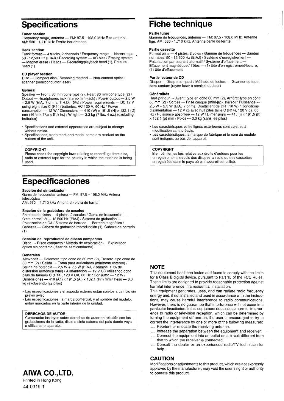 Specifications, Fiche technique, Especificaciones | Note, Caution, Aiwa co.,ltd | Aiwa CSD-SL15 User Manual | Page 16 / 16