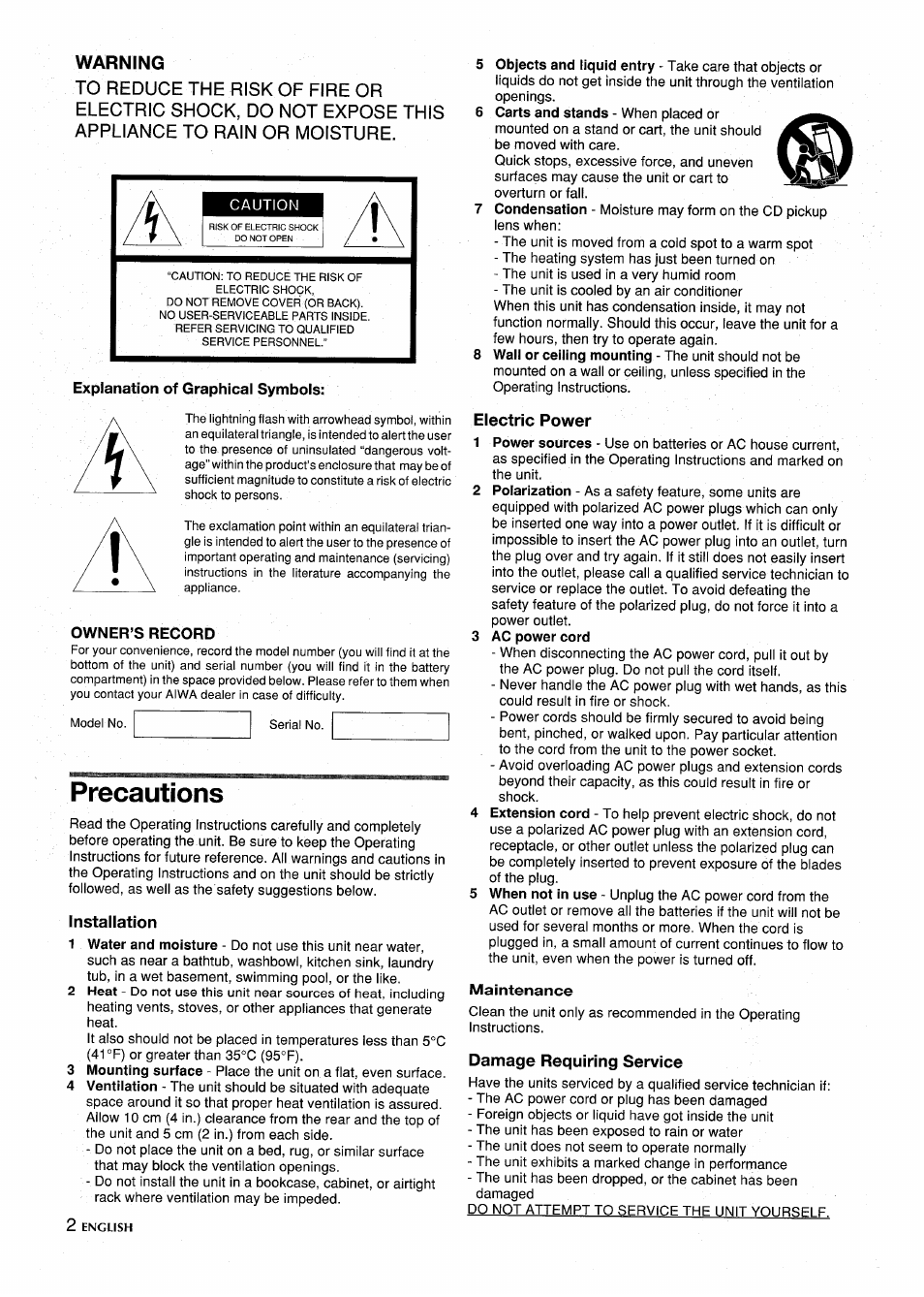 Explanation of graphical symbols, Owner’s record, Precautions | Installation, Electric power, 3 ac power cord, Maintenance, Damage requiring service, Warning, Caution | Aiwa CSD-SL15 User Manual | Page 2 / 16