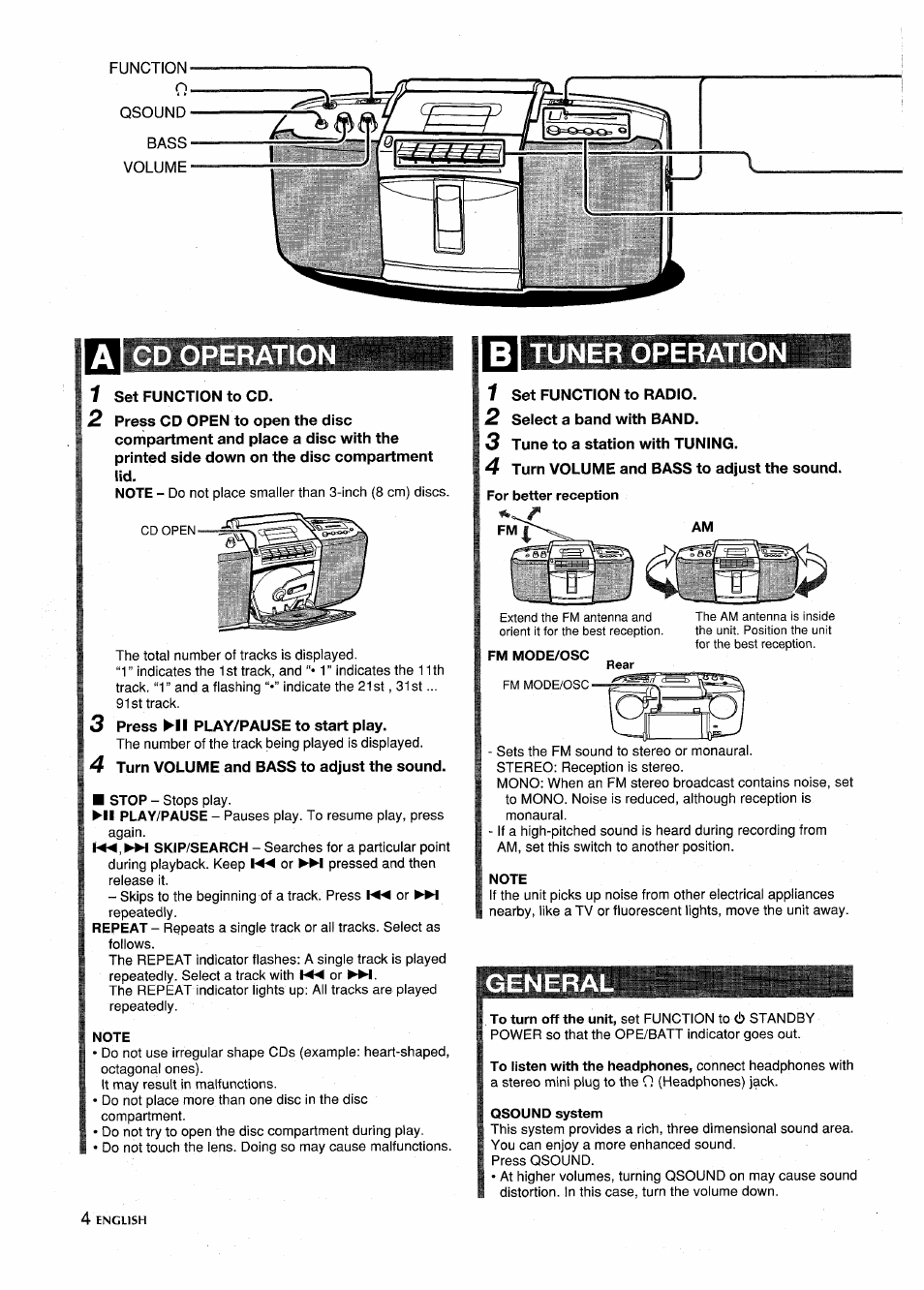 Cd operatic, Press ►!! play/pause to start play, Turn volume and bass to adjust the sound | Note, Tuner operatio, I set function to radio, 2 select a band with band, 3 tune to a station with tuning, 4 turn volume and bass to adjust the sound, For better reception | Aiwa CSD-SL15 User Manual | Page 4 / 16