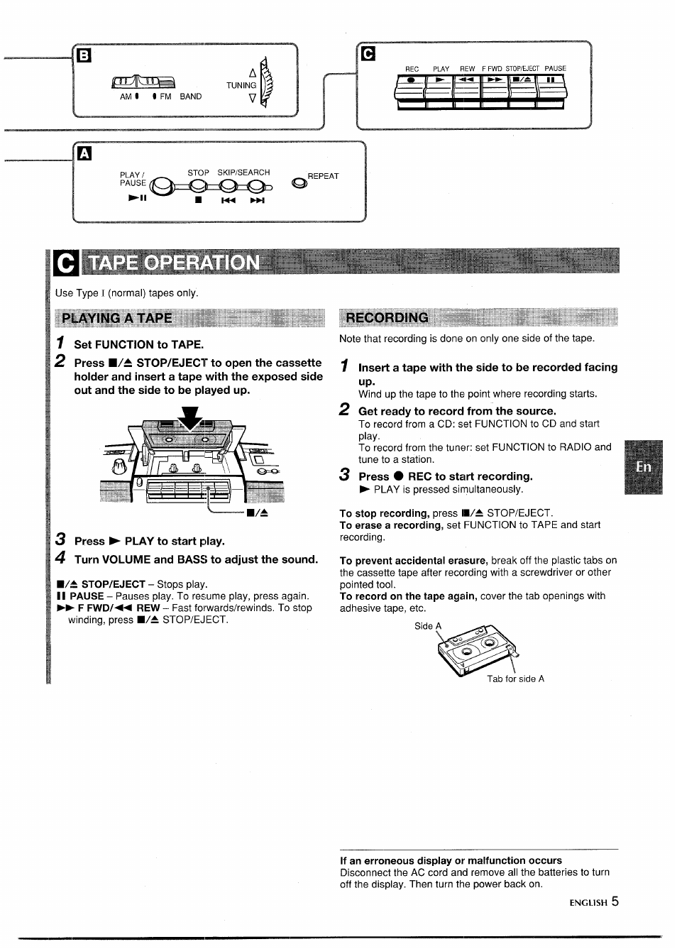 Playing a tape, Set function to tape, 3 press ► play to start play | 4 turn volume and bass» to adjust the sound, Recording, 2 get ready to record from the source, 3 press # rec to start recording, If an erroneous display or malfunction occurs | Aiwa CSD-SL15 User Manual | Page 5 / 16