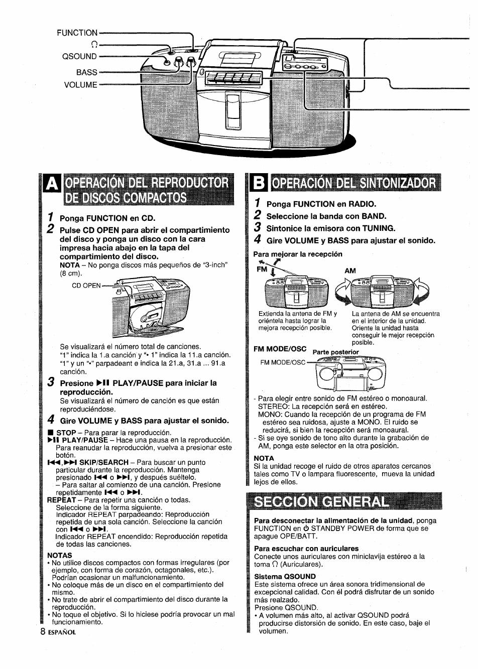 Ai operación del repri de discos compacto, Operacion del sintonizador, Fm mode/osc | Nota, Seccion general, Para escuchar con auriculares, Sistema qsound | Aiwa CSD-SL15 User Manual | Page 8 / 16