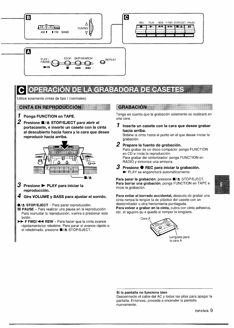 Cinta en reproducción, Grabacion, Si la pantalla no funciona bien | Aiwa CSD-SL15 User Manual | Page 9 / 16