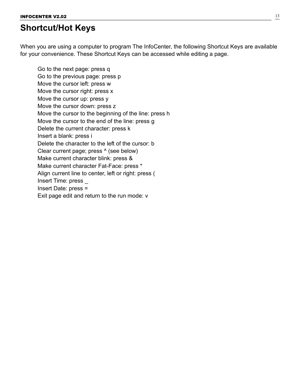 Shortcut/hot keys | Pro-Lite PL-VFD User Manual | Page 14 / 15