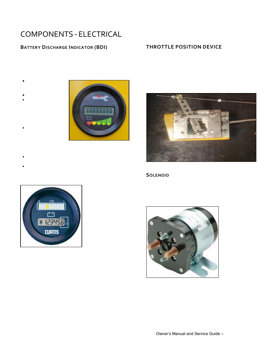 Battery discharge indicator (bdi), Solenoid, Components | Electrical | Wesley SCT-7750-8AC User Manual | Page 33 / 44