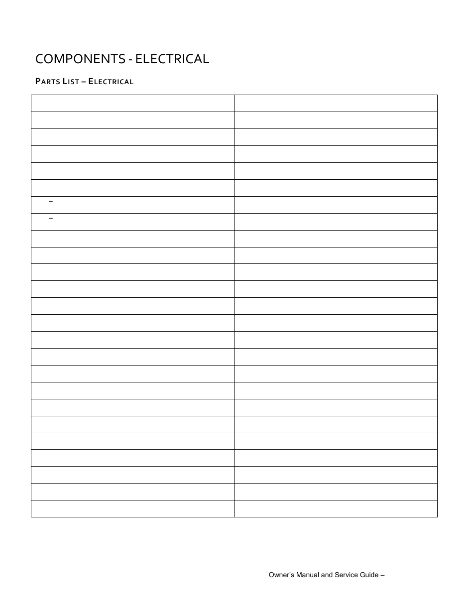 Parts list, Electrical, Components | Wesley SCT-7750-8AC User Manual | Page 35 / 44