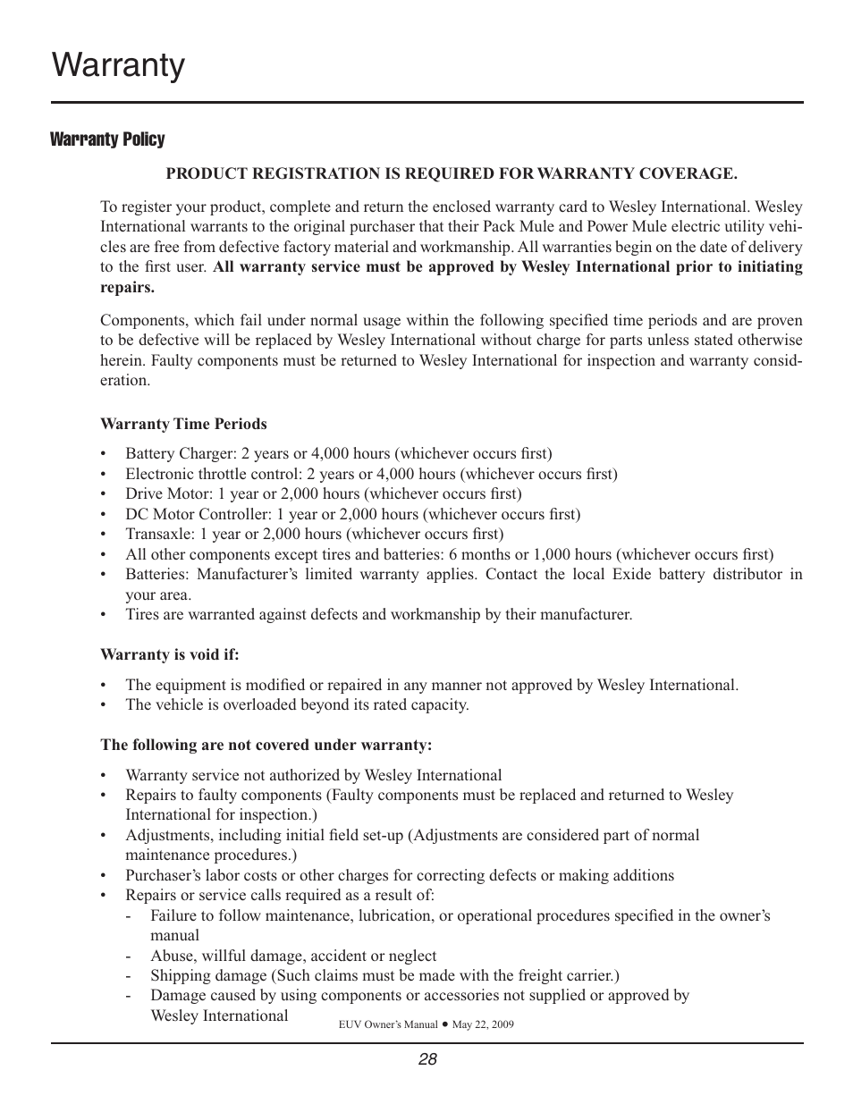 Warranty | Wesley Pack Mule User Manual | Page 28 / 32