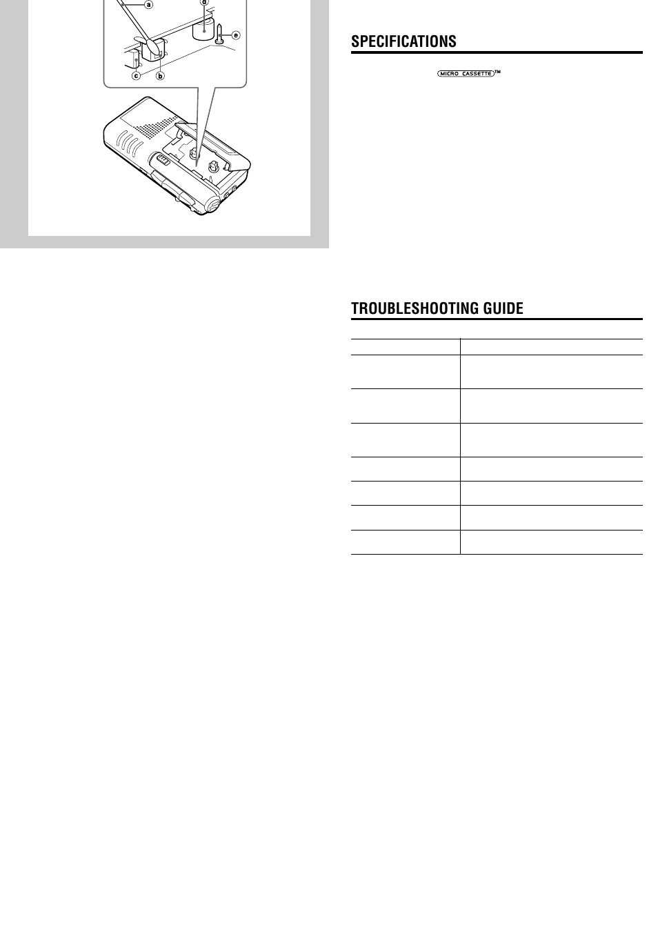 Specifications, Troubleshooting guide | Aiwa TP-M140 User Manual | Page 2 / 4