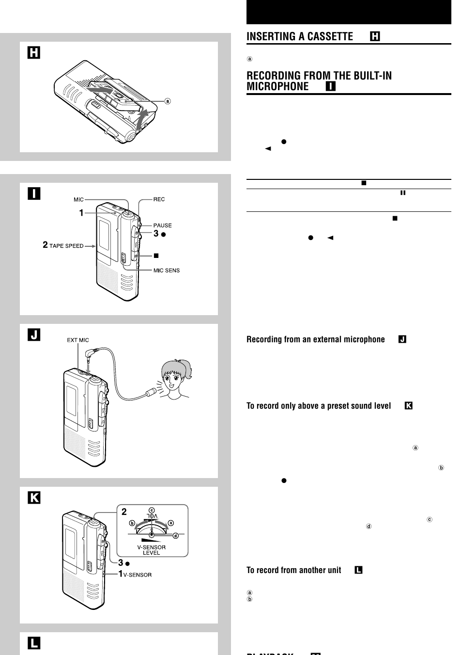 Jk h l, Inserting a cassette → h, Recording from the built-in microphone → i | Playback m | Aiwa TP-M140 User Manual | Page 3 / 4