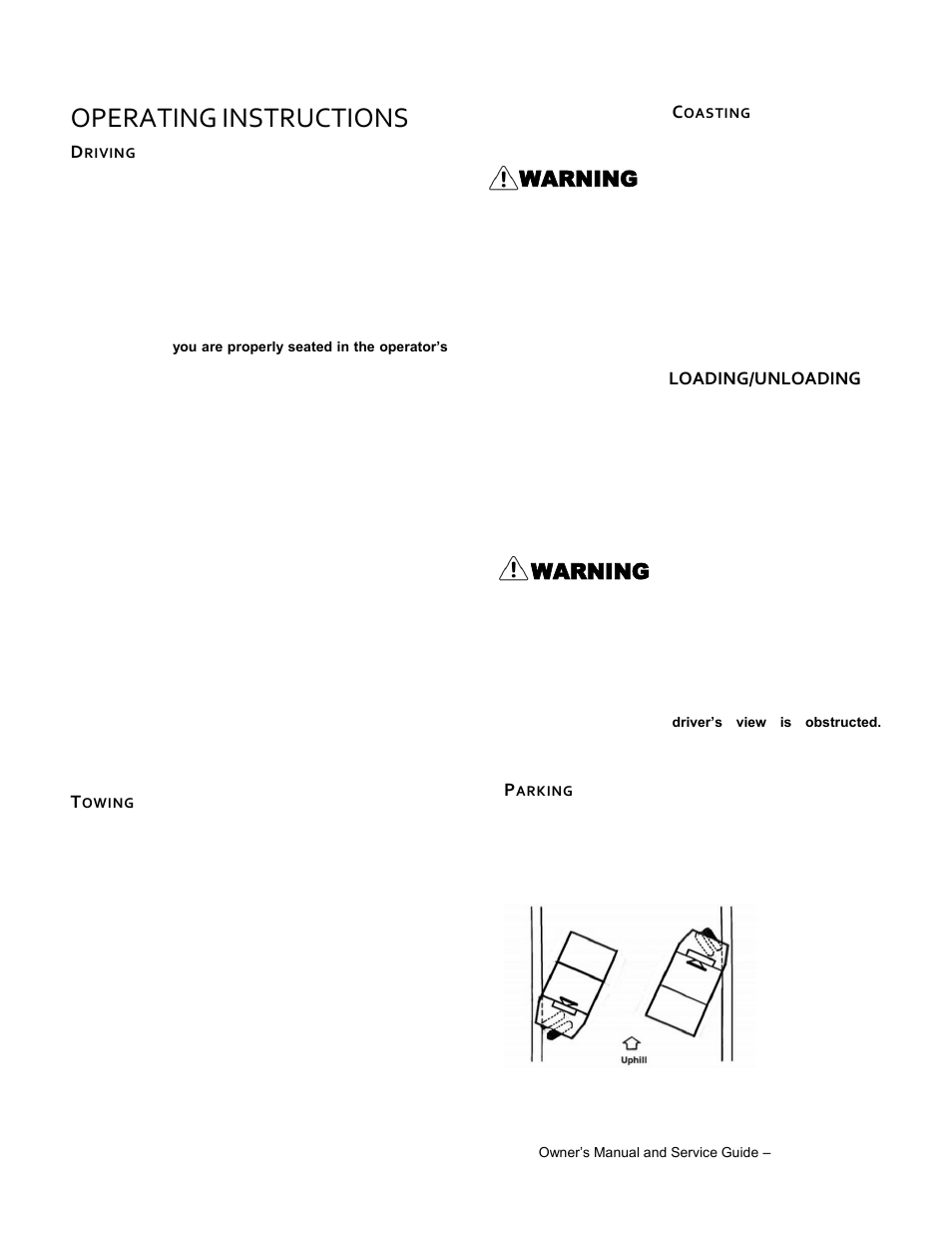 Driving, Coasting, Loading/unloading | Parking, Operating, Instructions, Warning | Wesley PCT-3510-6SA ST User Manual | Page 17 / 41