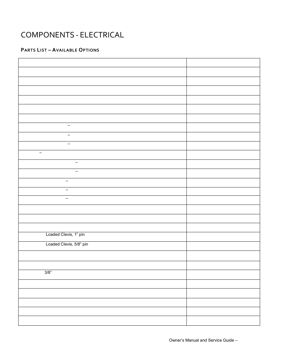 Parts list, Available options, Components | Electrical | Wesley BC-6200-8SA User Manual | Page 45 / 49