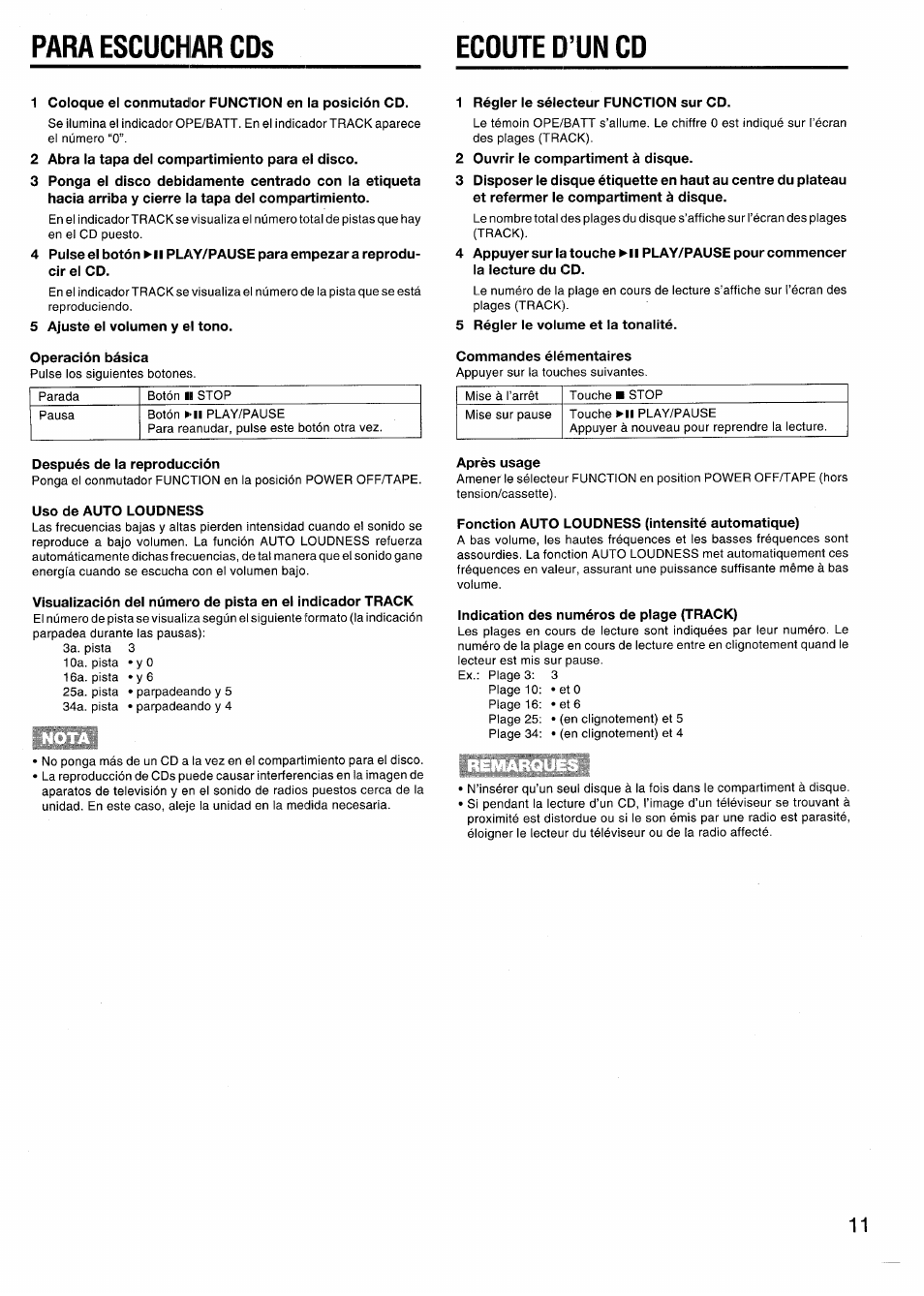 1 coloque el conmutador function en la posición cd, 2 abra ia tapa dei compartimiento para el disco, 5 ajuste ei volumen y el tono | 1 régler le sélecteur function sur cd, 2 ouvrir le compartiment à disque, 5 régler le volume et la tonalité, Después de la reproducción, Uso de auto loudness, Après usage, Fonction auto loudness (intensité automatique) | Aiwa CSD-EX110LH User Manual | Page 11 / 28