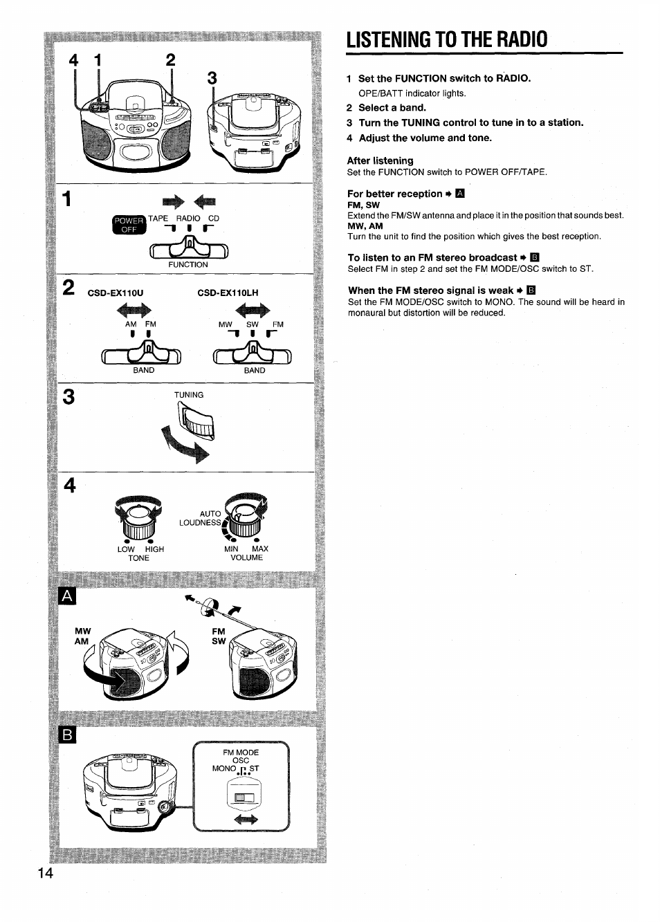 Listening to the radio, 1 set the function switch to radio, 2 select a band | 3 turn the tuning control to tune in to a station, 4 adjust the volume and tone, After listening, For better reception 4, To listen to an fm stereo broadcast 4 13, When the fm stereo signal is weak 4 i0, Ird°b-i) | Aiwa CSD-EX110LH User Manual | Page 14 / 28