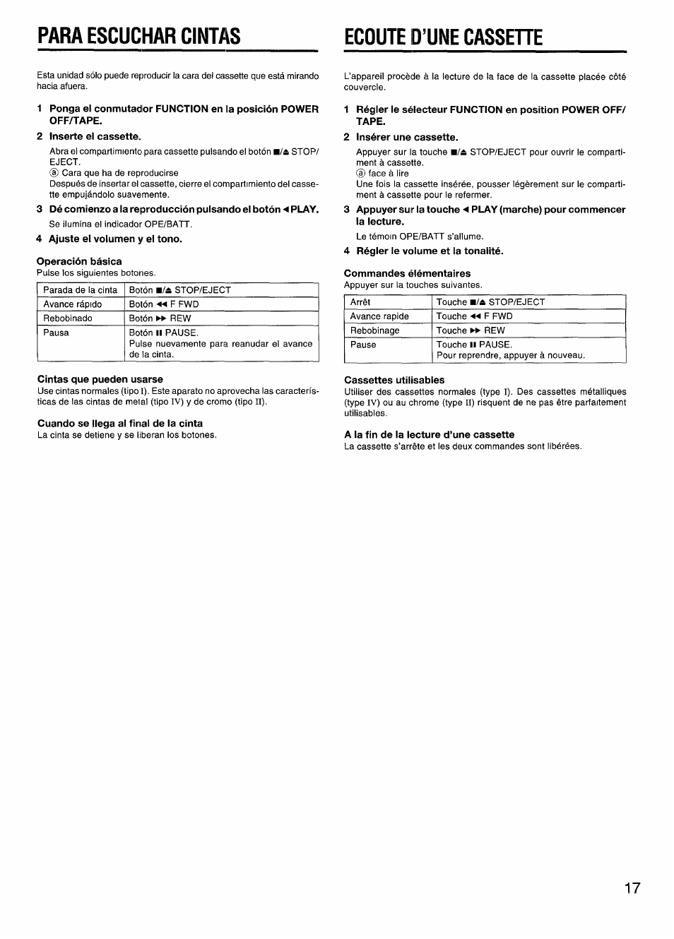 2 inserte el cassette, 4 ajuste el volumen y el tono, Cintas que pueden usarse | Cuando se iiega al final de la cinta, 2 insérer une cassette, 4 régier le volume et la tonalité, Cassettes utilisables, A la fin de la lecture d’une cassette, Para escuchar cintas ecoute d’une cassette | Aiwa CSD-EX110LH User Manual | Page 17 / 28