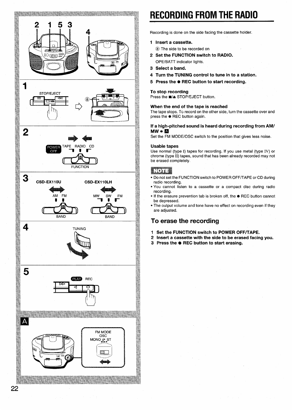 R-d^ (j-d, Recording from the radio, 1 insert a cassette | 2 set the function switch to radio, 3 select a band, 4 turn the tuning control to tune in to a station, 5 press the • rec button to start recording, To stop recording, When the end of the tape is reached, 1 set the function switch to power off/tape | Aiwa CSD-EX110LH User Manual | Page 22 / 28