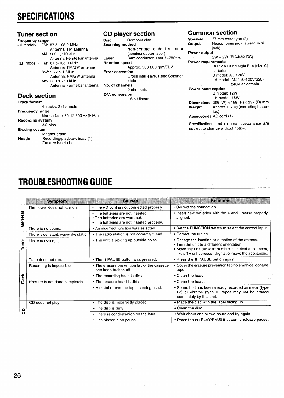 Specifications, Troubleshooting guide | Aiwa CSD-EX110LH User Manual | Page 26 / 28