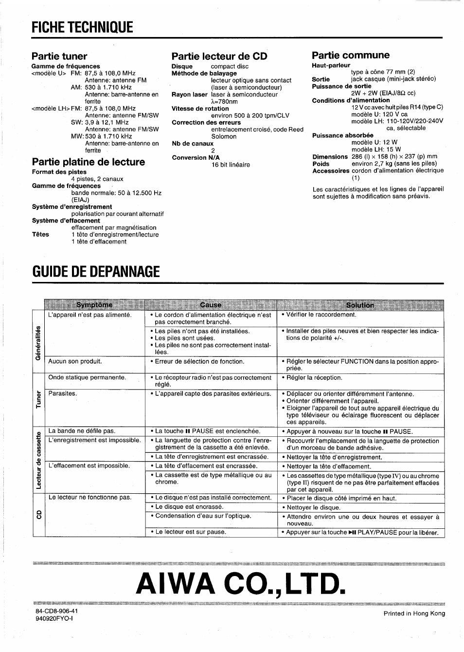 Fiche technique, Guide de depannage, Aiwa co.,ltd | Partie tuner, Partie platine de lecture, Partie lecteur de cd, Partie commune | Aiwa CSD-EX110LH User Manual | Page 28 / 28