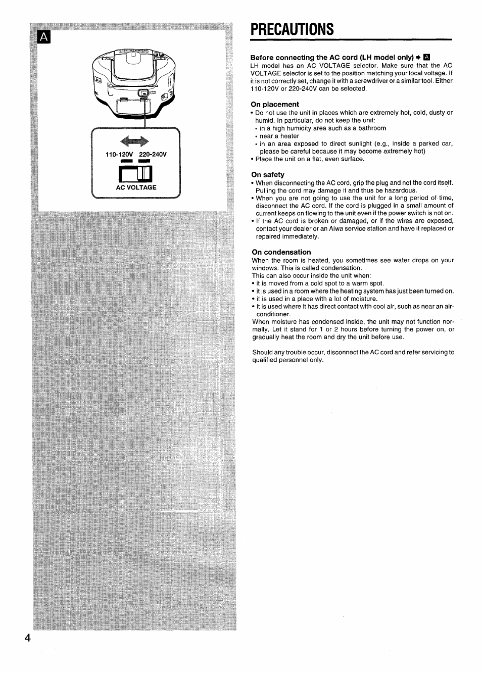 Precautions, Before connecting the ac cord (lh model only), On placement | On safety, On condensation | Aiwa CSD-EX110LH User Manual | Page 4 / 28