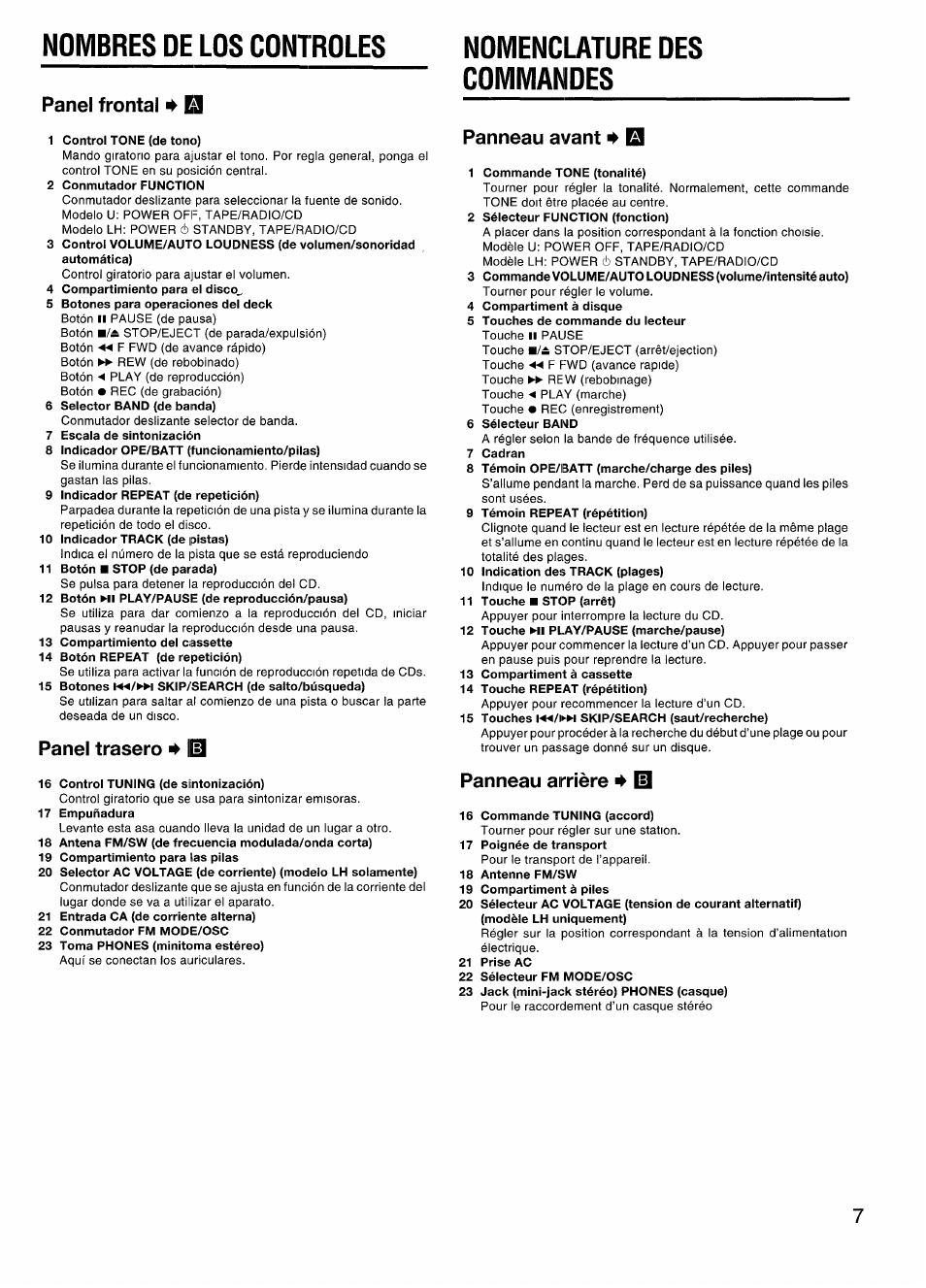 Nombres de los controles, Panel frontal ^ e3, Panel trasero ^ m | Nomenclature des commandes, Panneau avant ^ el, Panneau airrière 4 10, Panel trasero, Panneau avant | Aiwa CSD-EX110LH User Manual | Page 7 / 28