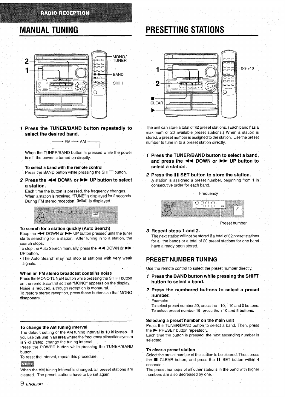 Presening stations, Preset number tuning, Presetting stations | Manual tuning presening stations | Aiwa CX-NA31 User Manual | Page 10 / 76
