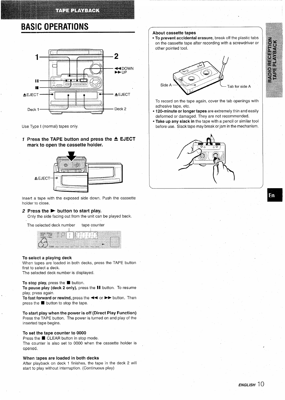 2 press the ► button to start play, About cassette tapes, To select a playing deck | To set the tape counter to 0000, When tapes are loaded in both decks, Basic operations | Aiwa CX-NA31 User Manual | Page 11 / 76